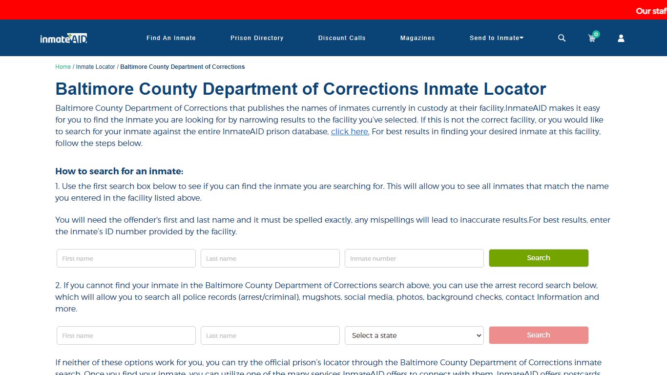 Baltimore County Department of Corrections Inmate Locator